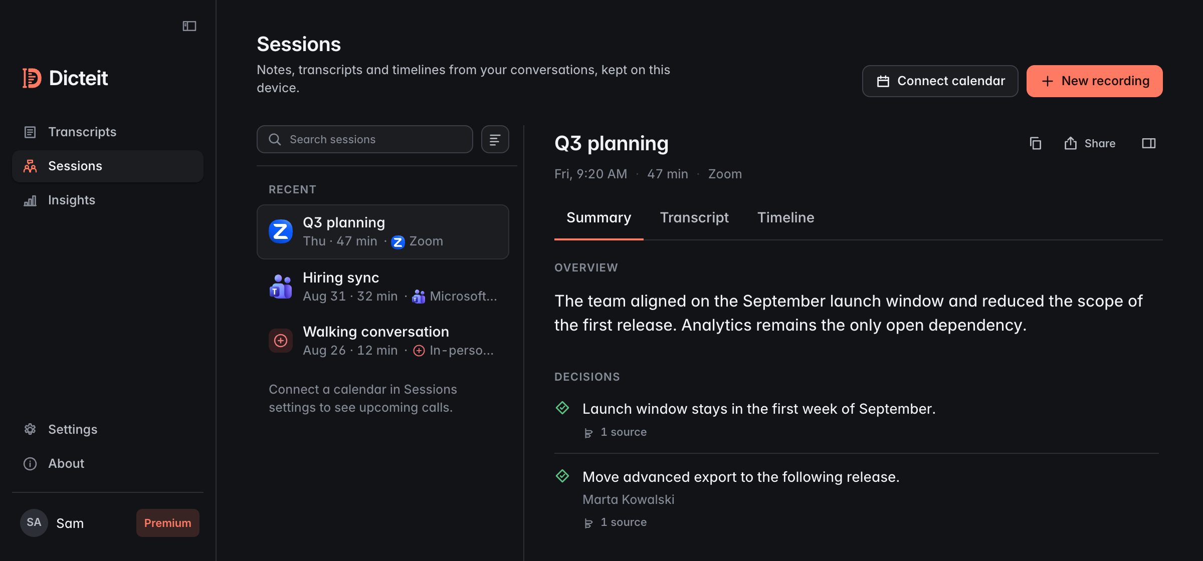 Dicteit’s Sessions workspace showing the session list and a summary with decisions and action items.