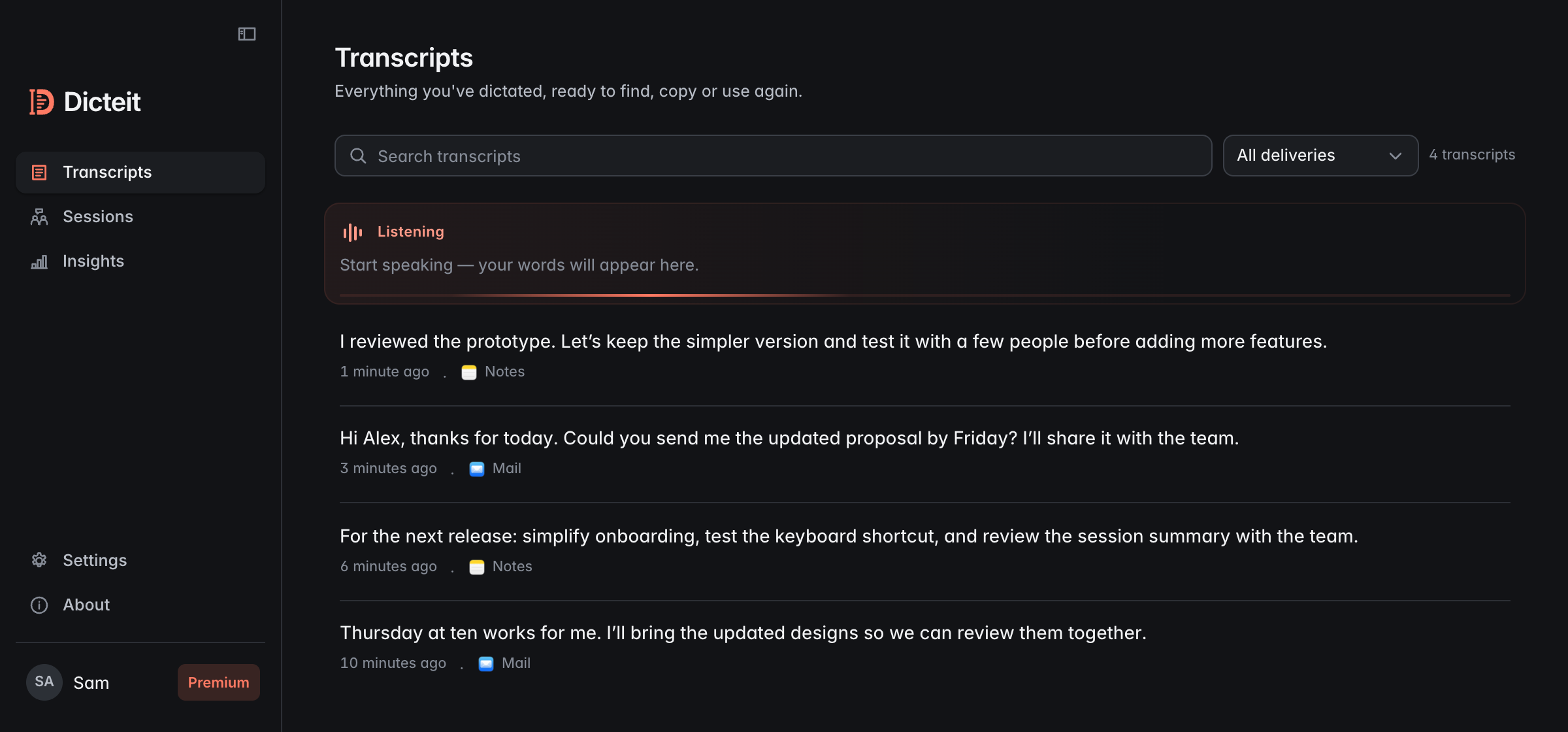 Dicteit’s live transcript and previous dictated messages with application icons.